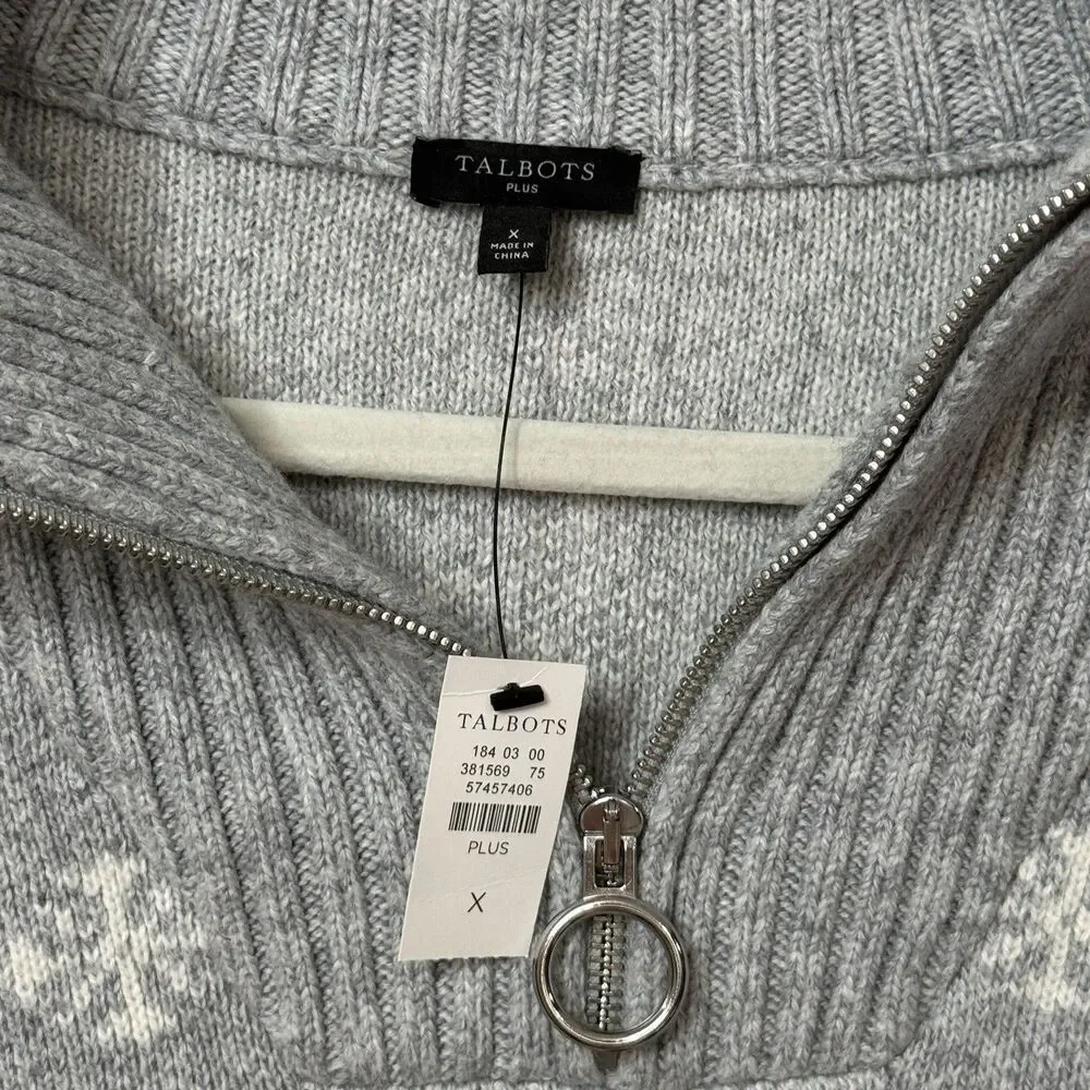 Talbots Plus Women’s X Half Zip Snowflake Gray Pullover Cotton Wool Sweater NWT